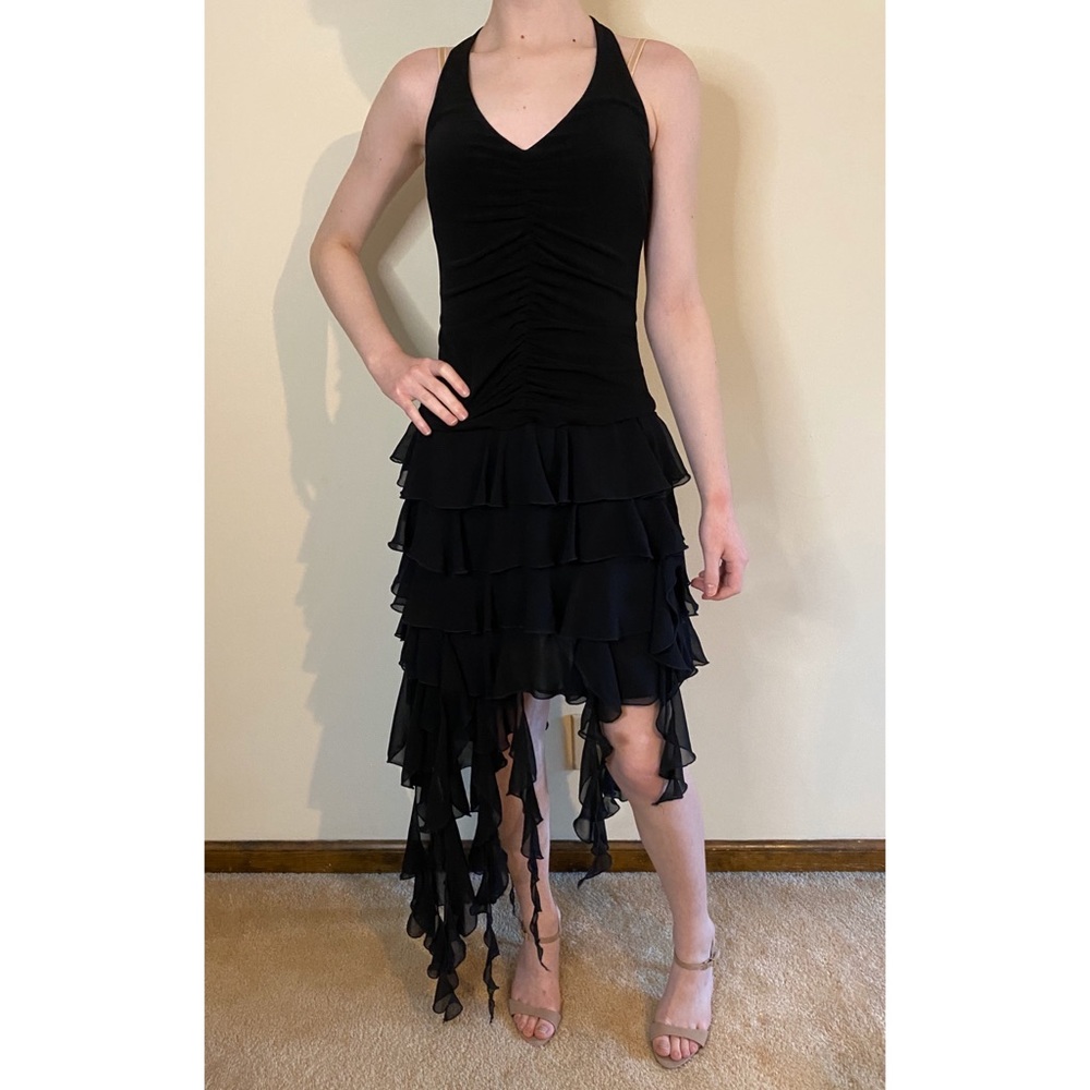 Flowy fringe/ruffle dress with halter neckline